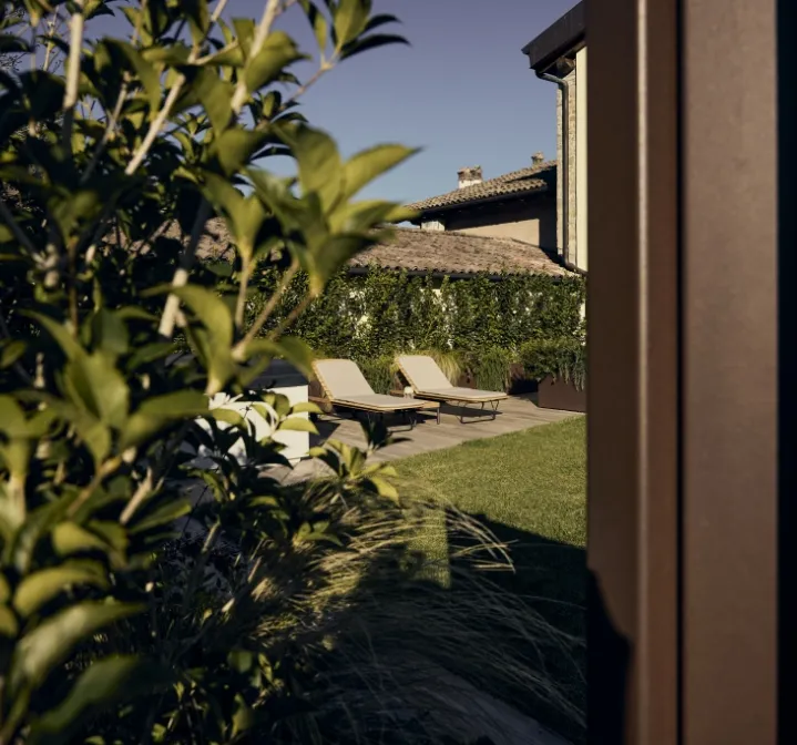 Alberi autunnali con foglie gialle lungo una siepe